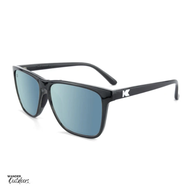 Unisex affordable Knockaround Fast Lanes Sport Sunglasses Jelly Black Sky Blue side arm inside view