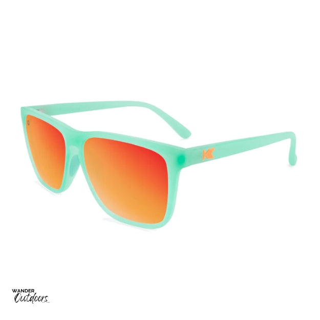 Unisex affordable Knockaround Fast Lanes Sport Sunglasses spearmint red sunset side arms view