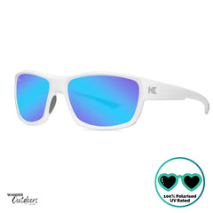 Knockaround High Stakes Aura Sunglasses white frames and blue salt water resistant lenses in a front side view of the frames. 