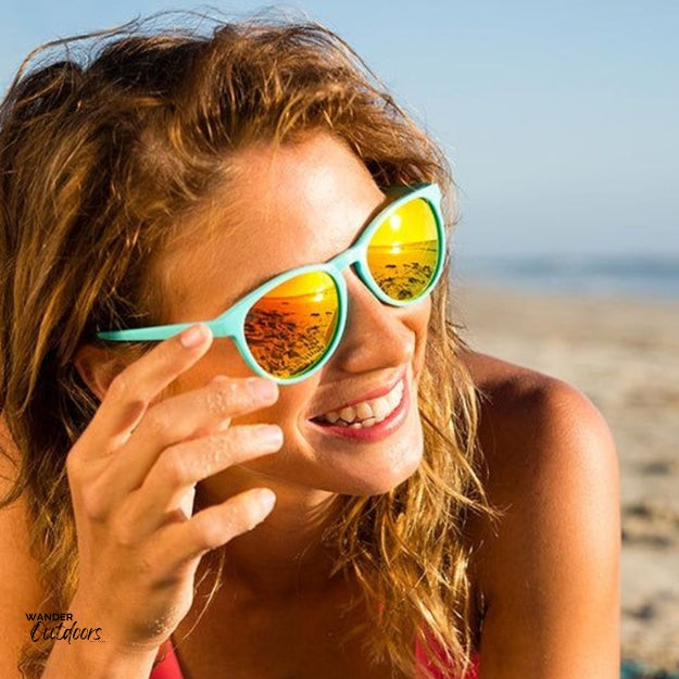 Knockaround Mai Tais Sunglasses Glossy Turquoise Sunset Lady on Beach