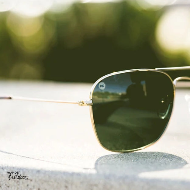 Unisex Affordable Knockaround Mount Evans Sunglasses Gold Aviator Green Close Up