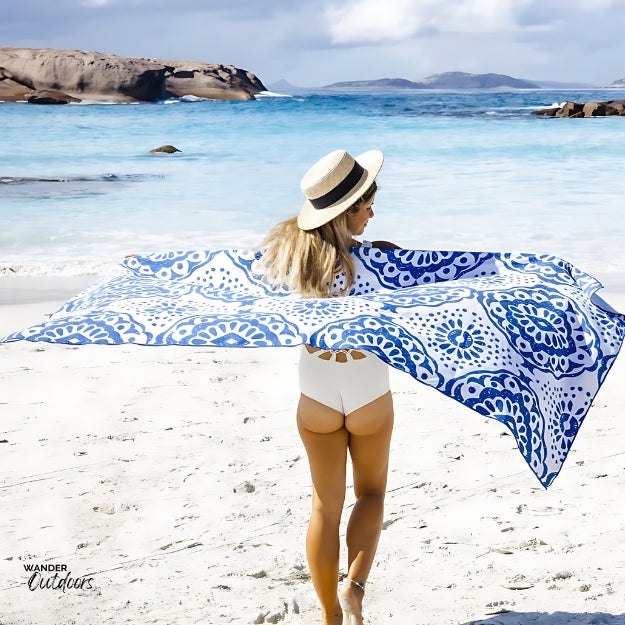 Newlyfe Beach Towel & Pouch Boho on the beach with a Mum