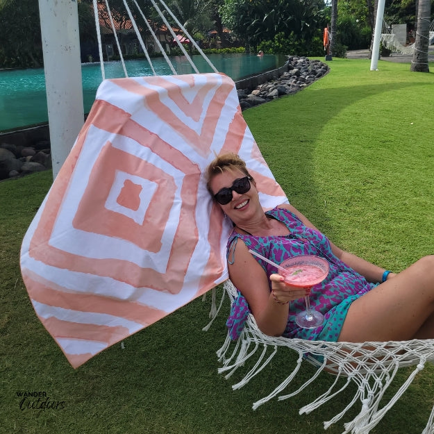 Newlyfe Beach Towel & Pouch in Coral Reef in a Hammock