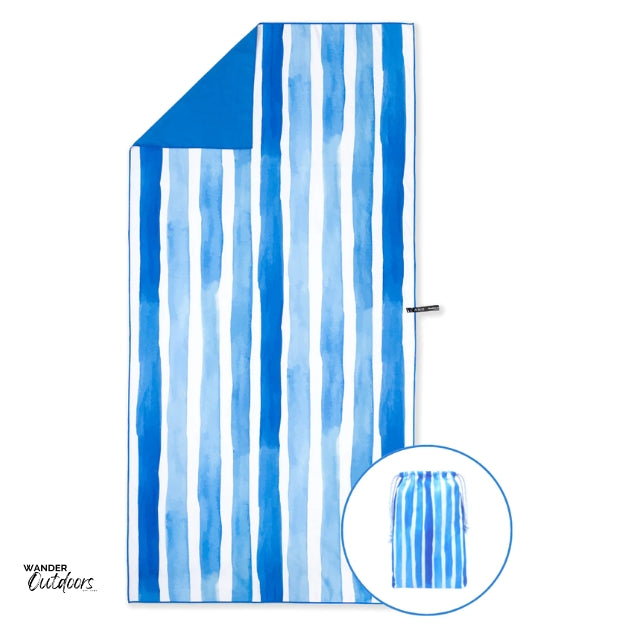 Newlyfe Beach Towel & Pouch Ocean Blue Flat Lay with pouch in the corner