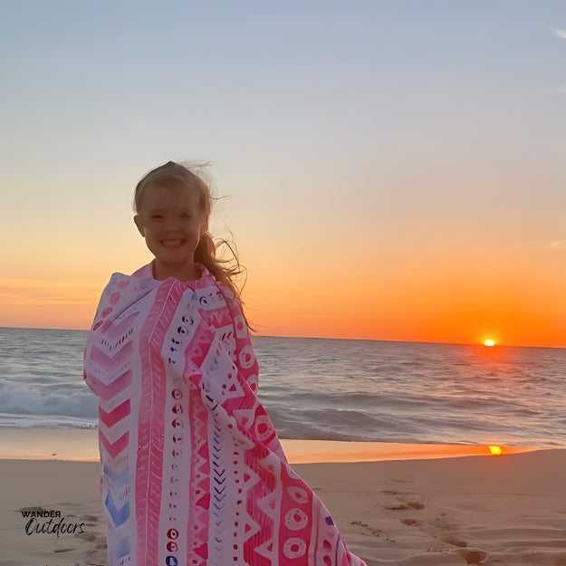 Newlyfe Beach Towel & Pouch Pink Sands child on the beach