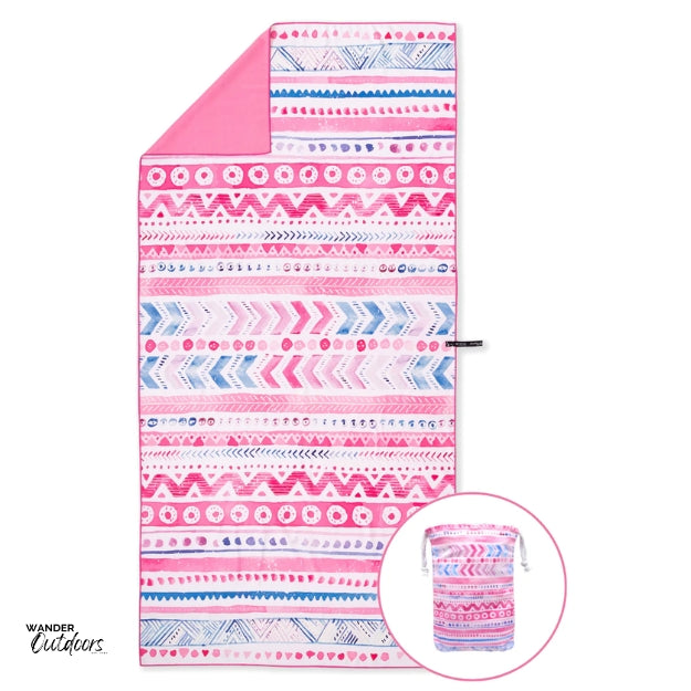 Newlyfe Beach Towel & Pouch Pink Sands Flat Lay with Pouch in the corner