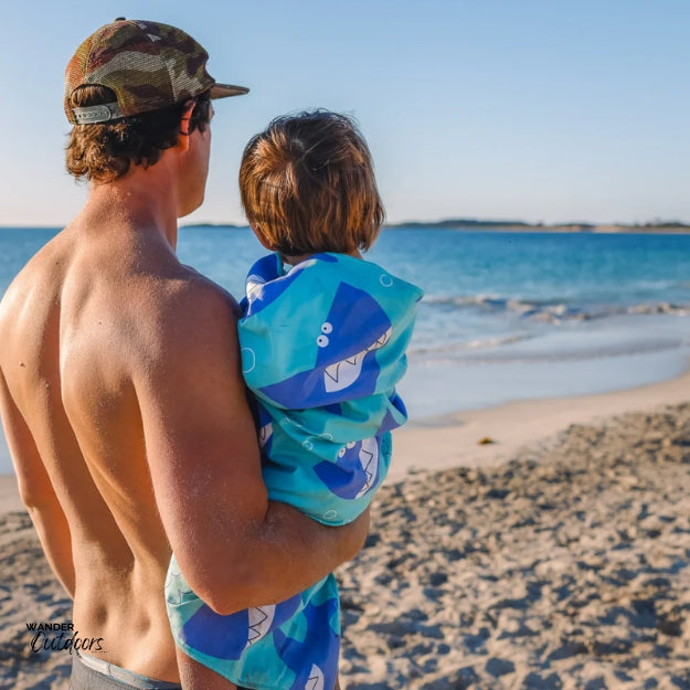 Newlyfe Kids Beach Towel Shark Dad and Son on beach