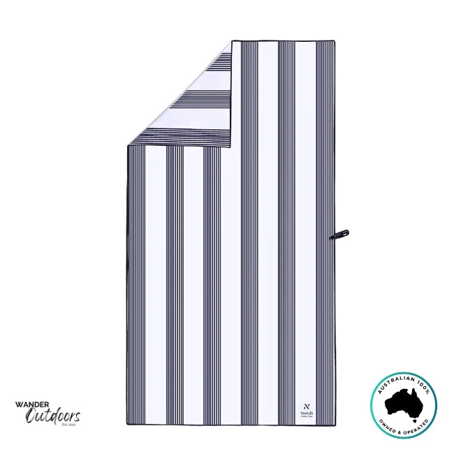 Folded-corner detail of Newlyfe Signature Amalfi Navy Towel showing smooth microfibre weave and fine stitching.