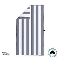 Folded-corner detail of Newlyfe Signature Amalfi Navy Towel showing smooth microfibre weave and fine stitching.