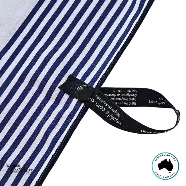 Close-up of black snap-lock loop with branding on Newlyfe Signature Amalfi Navy Towel edge.