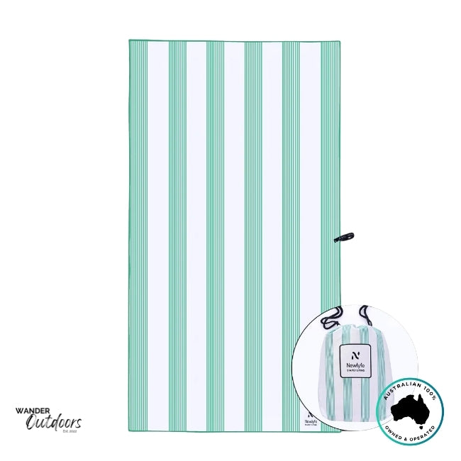 Flat-lay of Newlyfe Signature Milos Mint Towel with matching drawstring pouch placed on top.