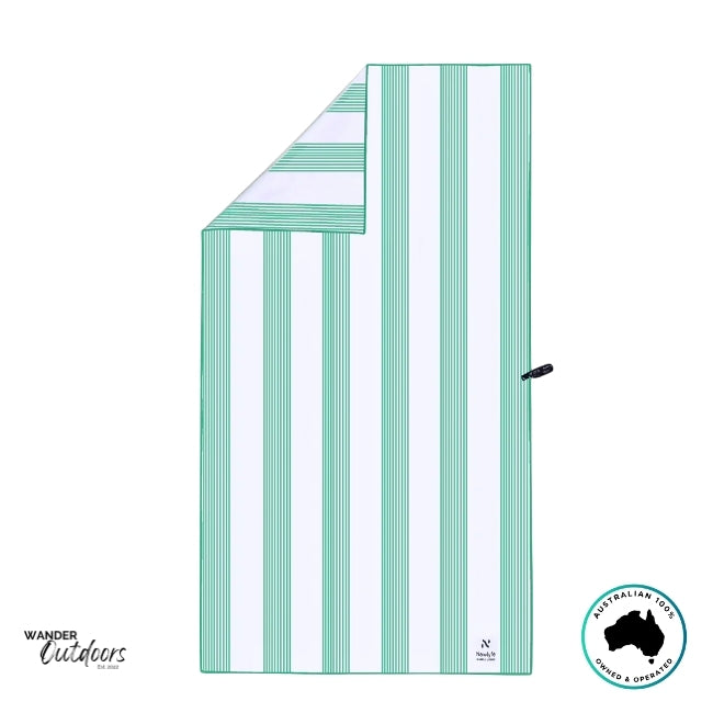 Flat-lay of Newlyfe Signature Milos Mint Towel showing mint and white vertical stripe pattern.