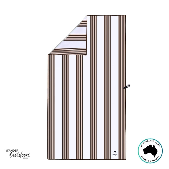 Folded-corner detail of Newlyfe Signature Piha Brown Towel displaying reversible stripe design.