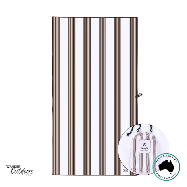 Flat-lay of Newlyfe Signature Piha Brown Towel showing refined stripe pattern and soft finish.