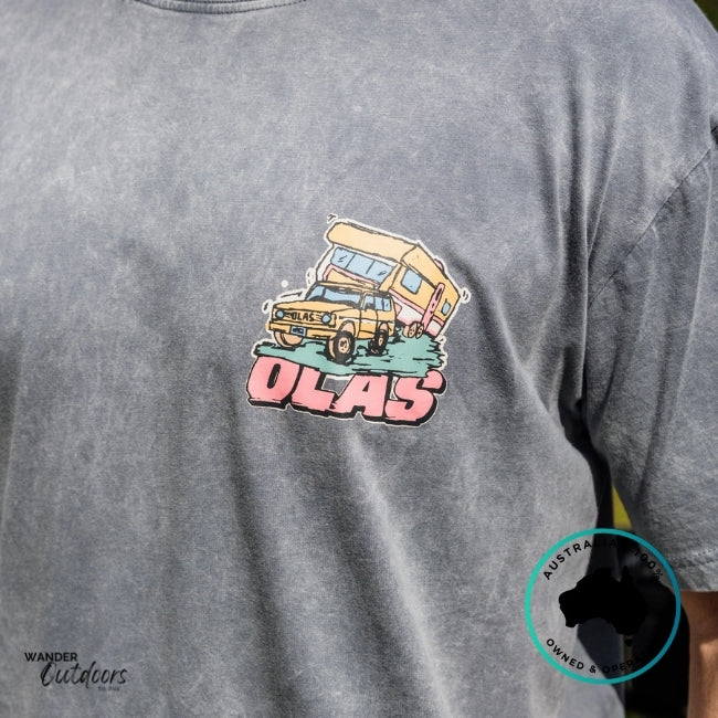 Gray t-shirt with a colorful graphic of a 4WD and Caravan and 'OLAS' text on the chest.