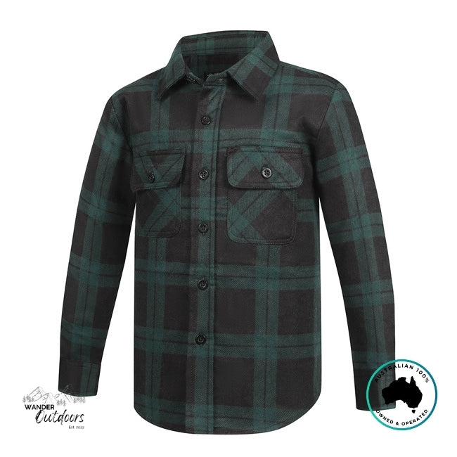 Green and black plaid shirt on a white background with Wander Outdoors branding.