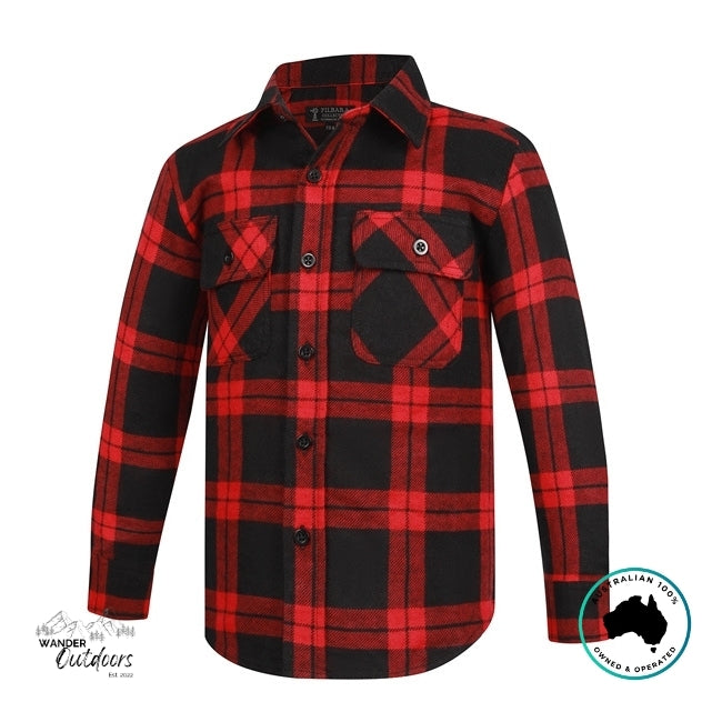 Red and black plaid shirt on a white background with visible brand logos.