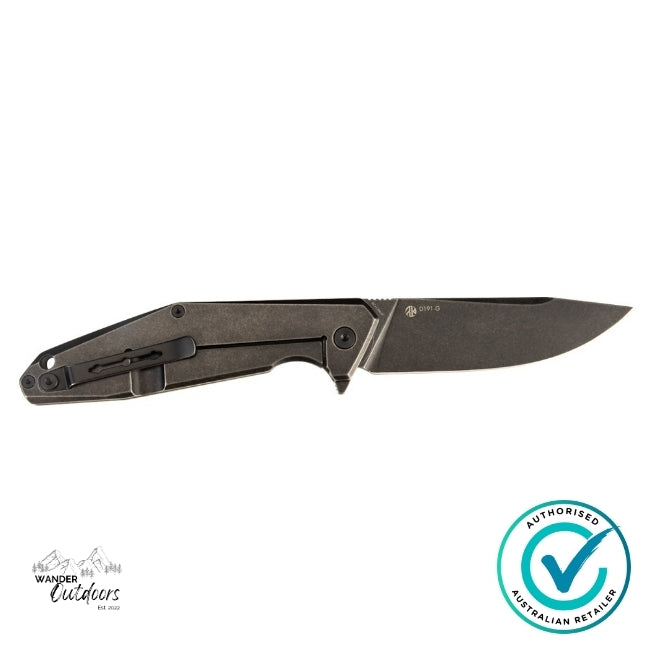 Ruike D191-G flipper folding knife open, showing the black stainless steel frame lock side with pocket clip and engraved model marking.