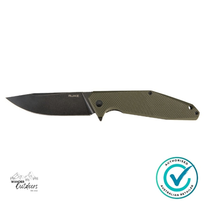 Ruike D191-G flipper folding knife laid flat open, featuring green G10 front handle scale and black stonewashed blade.