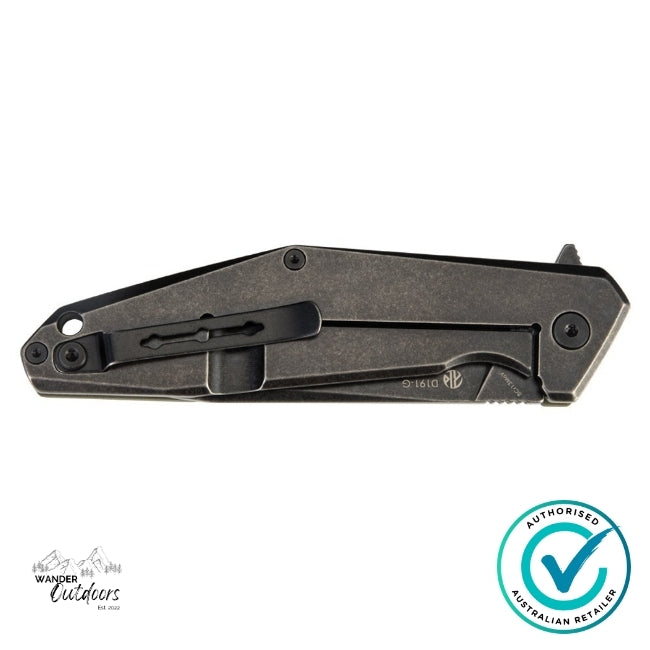 Ruike D191-G knife folded showing the stainless steel frame lock side with deep carry pocket clip and model engraving.