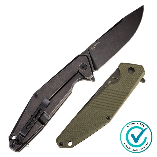 Ruike D191-G flipper folding knife shown both open and closed to highlight design contrast between green G10 and black stainless sides.