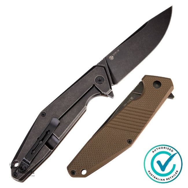 Ruike D191-W folding knife displayed open and folded side by side, showing G10 handle and stonewashed 8Cr13MoV stainless steel blade — Wander Outdoors Australia.