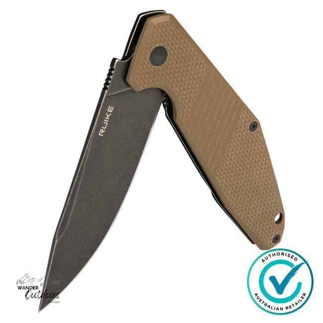 Ruike D191-W Flipper Folding Knife in brown G10 and stainless steel, shown partially open to display blade and textured handle — authorised Australian retailer Wander Outdoors