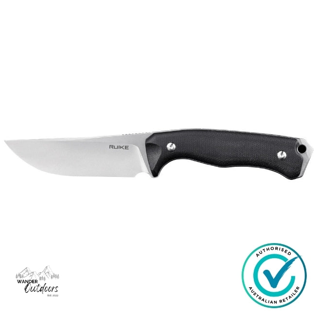 Ruike F186-MB fixed blade knife with a stonewashed D2 blade and black Micarta handle, displayed flat on a white background with the Wander Outdoors and Authorised Retailer logos.