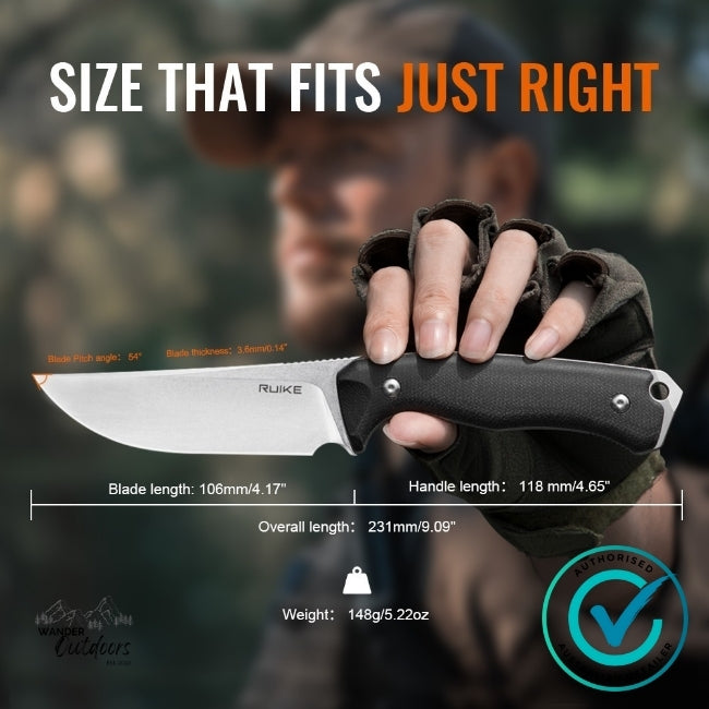 Person holding the Ruike F186-MB fixed blade knife showing size dimensions and specifications overlayed on the image, including blade length, handle length, and total weight.