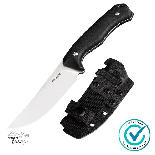 Ruike F186-MB fixed blade knife with black Micarta handle and D2 steel blade, displayed alongside its black ABS sheath.