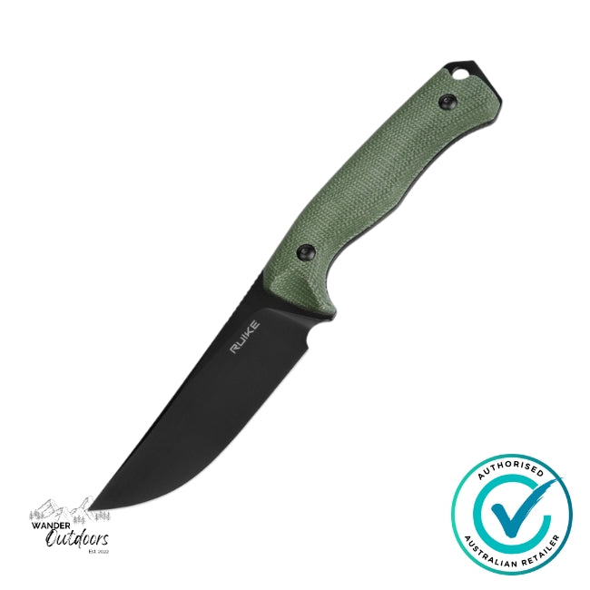 RUIKE F186-MG Fixed Blade Knife with black D2 steel blade and green micarta handle – minimalist flat lay on white background, showcasing the drop point blade and ergonomic handle. Wander Outdoors authorised retailer watermark.