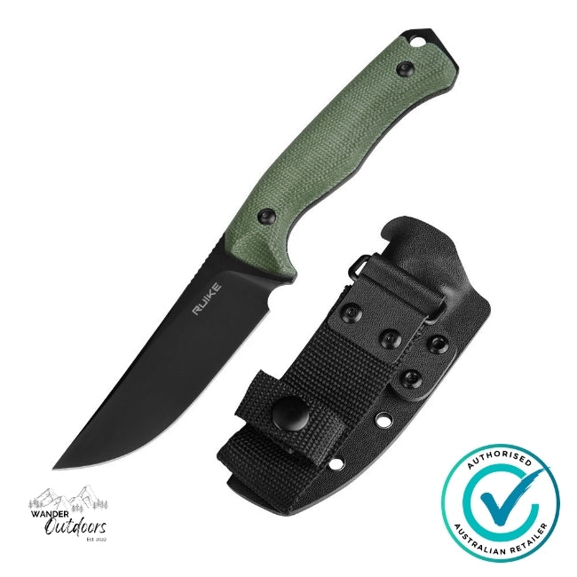 RUIKE F186-MG Fixed Blade Knife with green micarta handle and D2 black titanium-plated blade shown beside its durable black ABS sheath – full product layout on white background with Wander Outdoors authorised retailer watermark