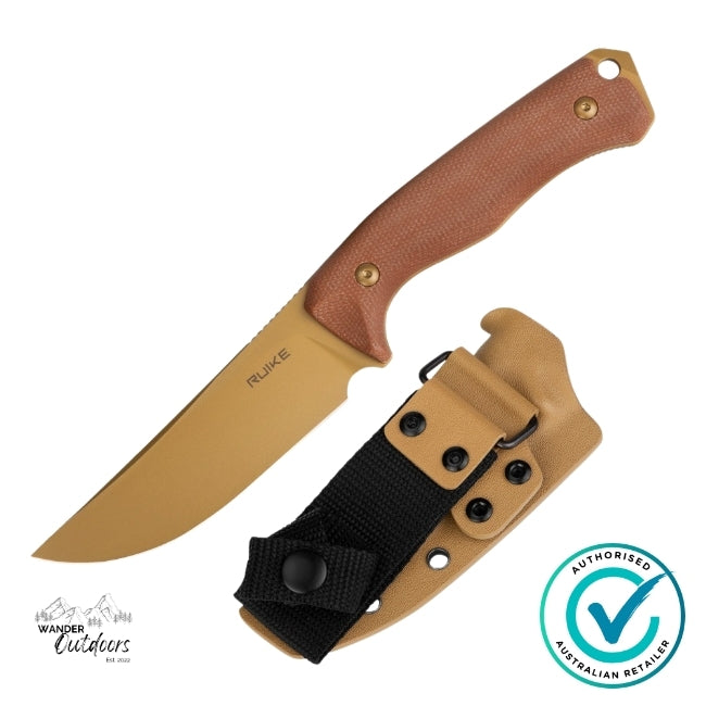 Ruike F186-MN Fixed Blade Knife with tan ABS sheath and nylon strap — durable and adventure-ready for everyday carry or fieldwork.