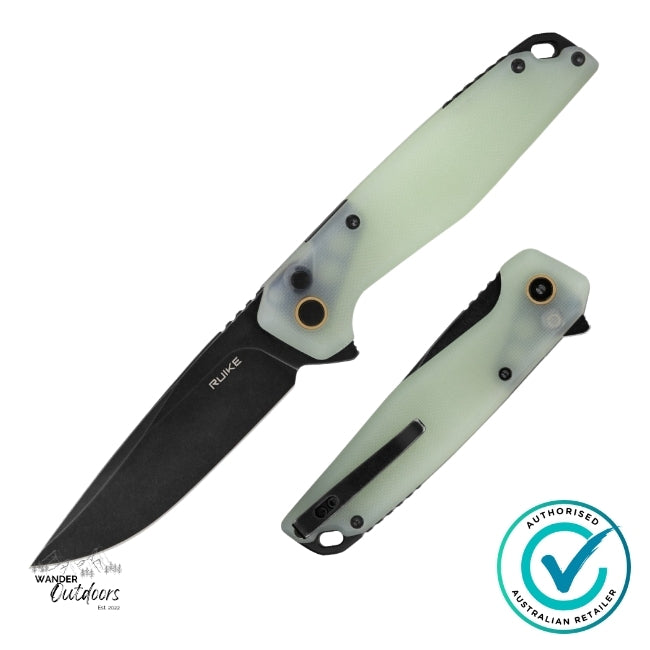 Ruike P873-C Folding Knife displayed open and folded side by side, featuring a sleek black 14C28N blade and modern translucent Jade G10 handle with gold pivot accent.