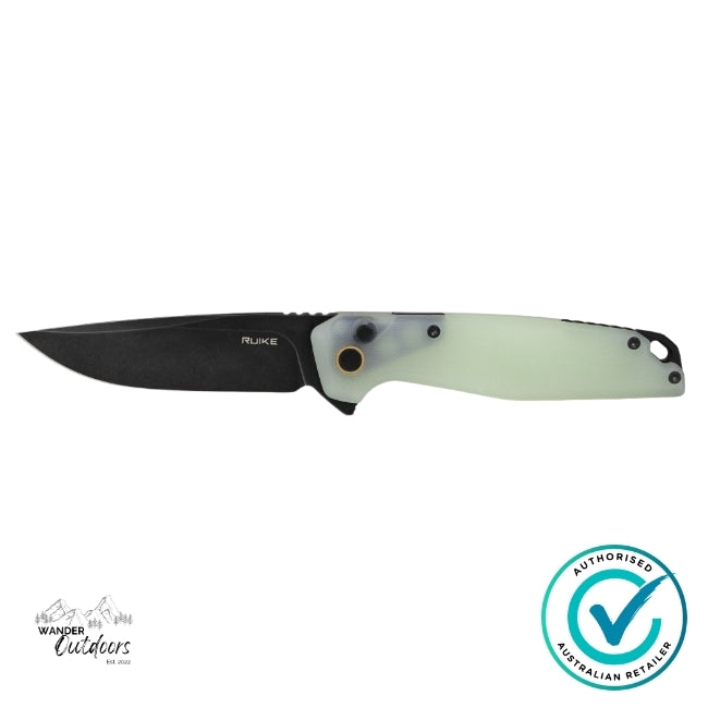 Ruike P873-C Folding Knife shown open from the side, highlighting the black stonewashed blade and distinctive natural Jade G10 handle with smooth ergonomic design.