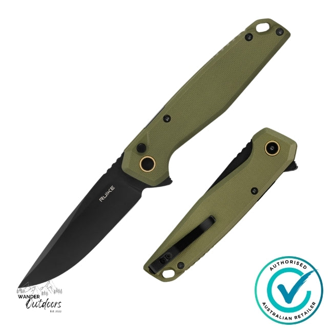 Ruike P873-G Folding Knife displayed open and folded side by side, highlighting the button lock mechanism, flipper design, and rugged OD Green G10 handle.