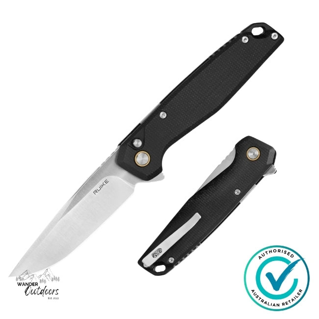 Ruike P873-MB Folding Knife displayed open and folded side by side, featuring a satin-finished Sandvik 14C28N blade and durable black Micarta handle with gold pivot accent.