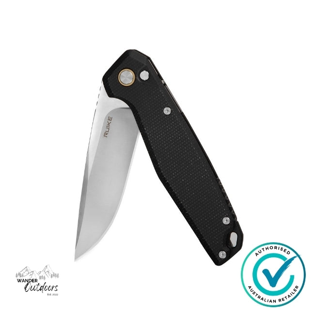 Close-up of the Ruike P873-MB Folding Knife partially open, highlighting the smooth flipper mechanism, button lock system, and textured black Micarta handle.
