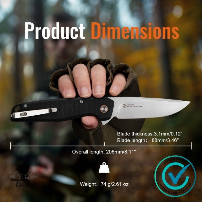 Ruike P873-MB Folding Knife held in a gloved hand, showing product dimensions with blade thickness, length, and overall size. Features black Micarta handle and Sandvik 14C28N stainless steel blade.