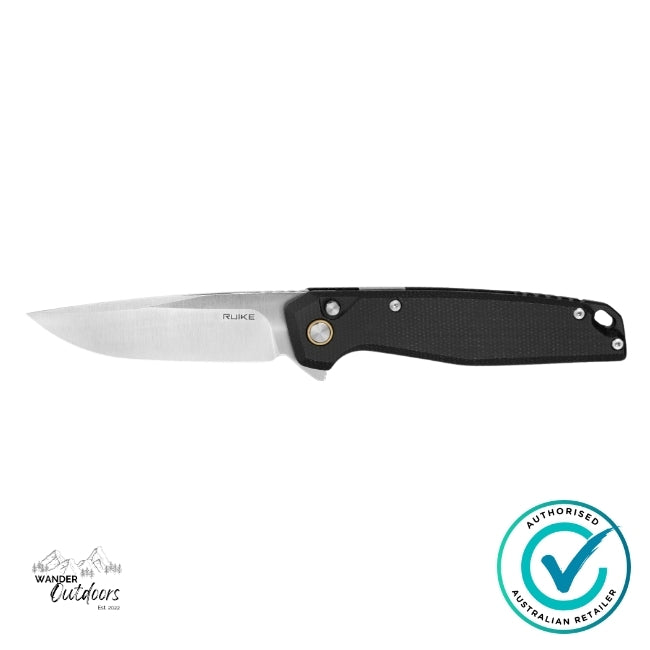 Ruike P873-MB Folding Knife shown open from the side, with sleek silver blade and rugged black Micarta handle designed for reliable everyday carry.