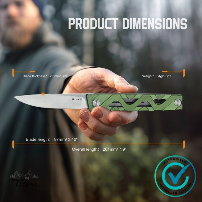 Ruike P878-AG Folding Knife held in hand, showing blade dimensions, length, and weight. Features green aluminium handle and Sandvik 14C28N blade designed for everyday carry.