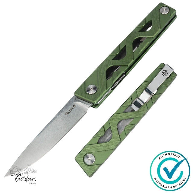 Ruike P878-AG Folding Knife displayed open and folded side by side, showing the sleek blade profile, green aluminium handle, and sturdy pocket clip for easy everyday use.
