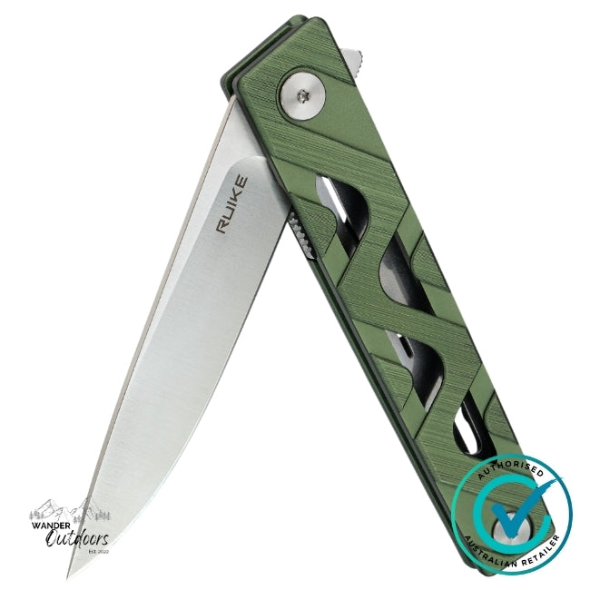 Close-up of Ruike P878-AG Folding Knife partially open, highlighting the precision Sandvik 14C28N blade and textured green 6063 aluminium alloy handle.