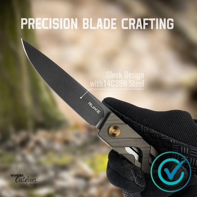Close-up of the Ruike P878-AK Folding Knife held in a gloved hand, showing the 14C28N Sandvik steel blade and gunmetal grey aluminium handle — designed for precision and everyday performance.