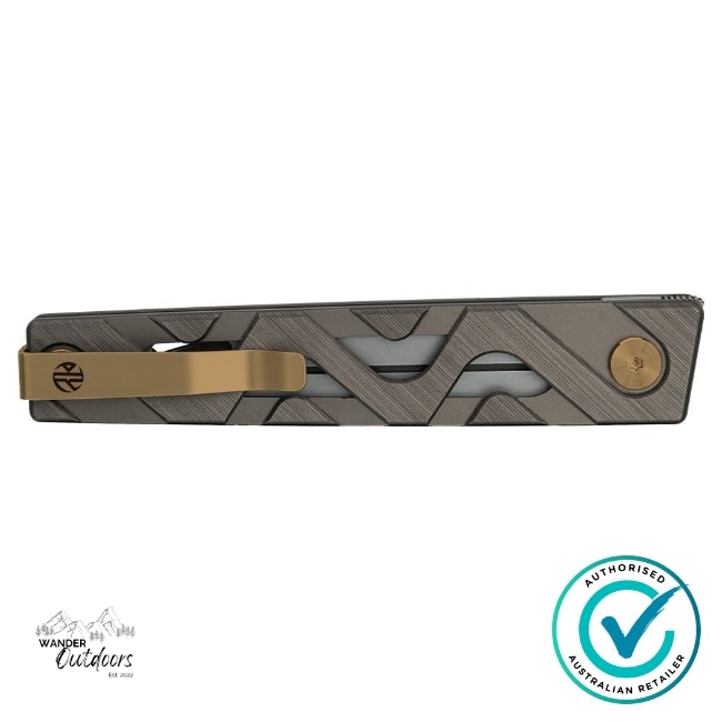 Ruike P878-AK Folding Knife closed, showcasing the gunmetal grey 6063 aluminium alloy handle with gold pocket clip and Ruike logo detail.