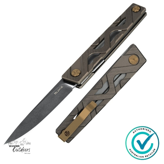 Ruike P878-AK Folding Knife displayed open and folded side-by-side, highlighting the sleek Sandvik 14C28N blade and geometric aluminium handle design in gunmetal grey.