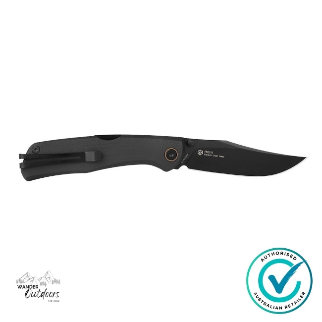 Ruike Knives P882-B Folding Knife with black G10 handle shown side-on, highlighting the pocket clip and sleek black Sandvik 12C27 blade.