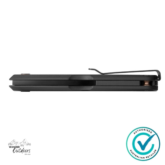 Ruike Knives P882-B Folding Knife laid flat, showing the open blade and black G10 handle with back lock design.