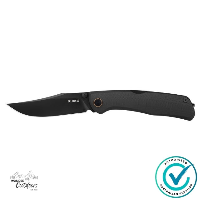Ruike Knives P882-B Folding Knife with black G10 handle and Sandvik 12C27 blade laid flat against a white background.
