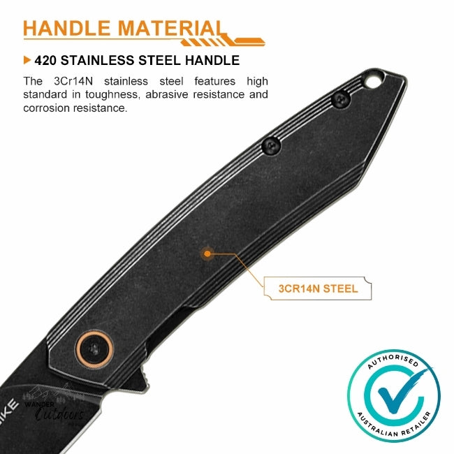 Close-up of the Ruike P831S-SB Folding Knife handle showing 3Cr14N stainless steel construction with black stonewashed finish, known for high toughness and corrosion resistance.